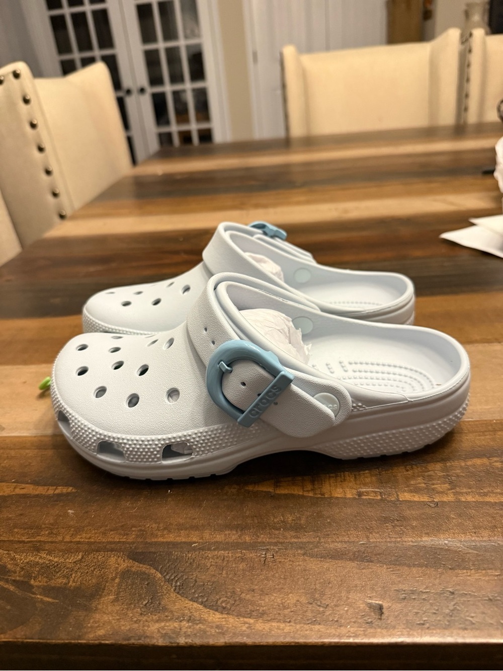 Crocs Classic Enamel Buckle Clog in the "Vapor Ice" colorway